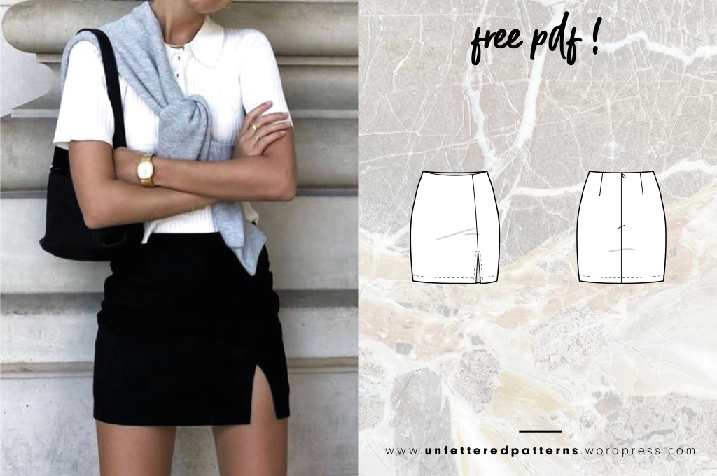 Faux leather skirt with front slit – Free sewing pattern download PDF #UP1008
